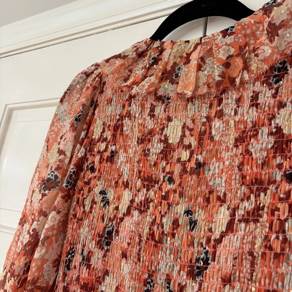 Ulla‎ Johnson Tamara Dress Silk Mini Metallic Floral Print Coral Size 2 Tiered
